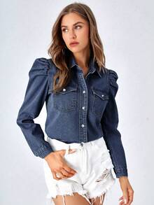 EMERY ROSE Plus Size Women's Single-Breasted Raglan Sleeve Casual Pocket Denim Shirt - Blue - View 1