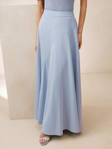 Anewsta 女士优雅浅蓝色高腰不对称开衩半身裙 - 淺藍色 - 查看 5
