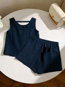 GlowEve CURVE Bộ đồ hai mảnh màu trơn chất liệu giả vải lanh dành cho nữ cỡ lớn - Áo tank top hở lưng và quần short, trang phục thường ngày thời trang cho lễ Phục sinh, thư giãn tại nhà, kỳ nghỉ biển mùa hè. - Màu xanh hải quân - Xem 2