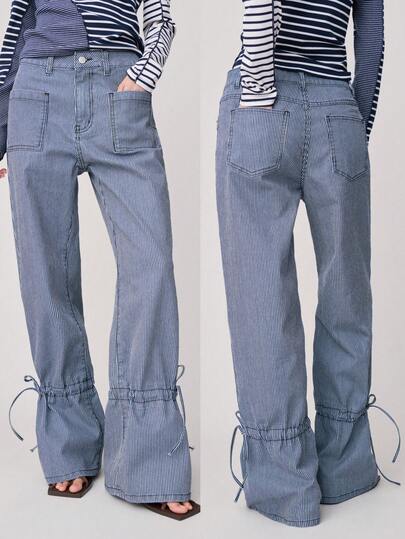 Nöista High-Waisted Pinstriped Pants With Large Front Patch Pockets, Belt Loops, And Button Closure. Unique Gathered Hems With Ties Create A Flared, Ruffled Silhouette, For Spring And Summer.
