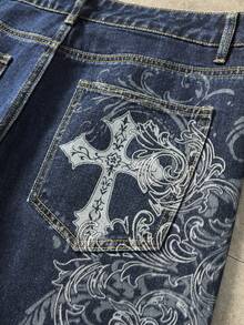 ROMWE MEN Goth Men's Cross Pattern Loose Fit Wide Leg Casual Jeans - Blue - View 6