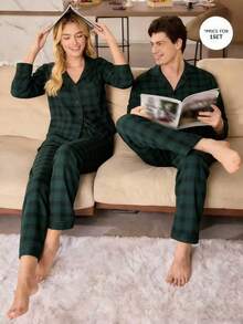 CoupledUp 格子印花泡泡褶男士长袖开衫和裤子睡衣套装 - 綠色 - 查看 6