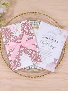 20张粉色闪光激光切割婚礼邀请函套装，含信封、回复卡和蝴蝶结丝带，适用于新娘送礼会、订婚、十五岁生日派对、甜美十六岁生日派对等活动文具。 - 金蔥粉 - 查看 3
