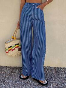 DAZY 休闲水洗条纹阔腿女式牛仔裤 - 中等水洗藍 - 查看 1