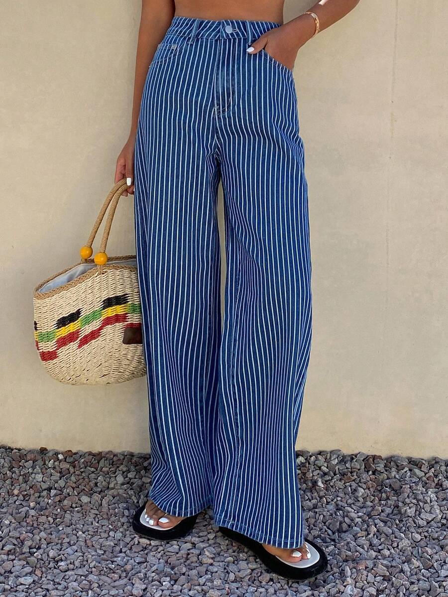 DAZY 休闲水洗条纹阔腿女式牛仔裤 - 中等水洗藍 - 查看 1