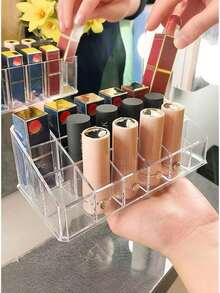 1pc Acrylic Lipstick Holder, Lipstick Storage Box, Lip Gloss Organizer, Makeup Display Rack, Perfect Storage Solution For Drawers, Vanity, Bathroom. Small Nail Polish & Lipstick Rack, Transparent Makeup Organizer Box, Multi-Grid Lipstick Box, Desk Transparent Cosmetic Storage Box, Transparent PET Lipstick Box, Multi-Grid Lip & Nail Polish Organizer - Multicolor - View 11
