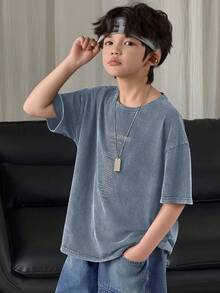 DAZY Áo thun tay ngắn cổ tròn in khẩu hiệu dành cho bé trai tuổi teen, kiểu dáng thường ngày, đa năng. - Màu xanh lam - Xem 4