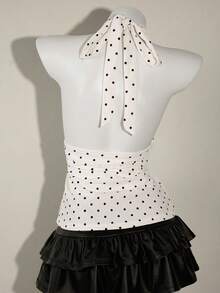 SHEIN PETITE CURVE Plus Size Women Polka Dot Print Deep V Neck Ruched Fashion Camisole - Black and White - View 2