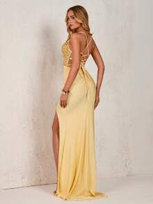 Glamine Suspended Backless High Waisted Sequin Patchwork High Slit Long Dress Dresses Graduation Summer Dress Burgundy Maxi Women Outfit - Yellow - View 2