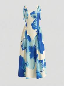 asdQadelle Vestido casual de mujer sin mangas con estampado floral, diseño de cintura ceñida y línea A, estilo romántico adecuado para vacaciones, paseos por el jardín, té de la tarde y otras ocasiones casualesasd XHHY - lago azul - Ver 5