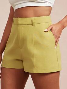 Vixey Low Stretch Woven High Waist Seam Detail Shorts - Yellow - View 4