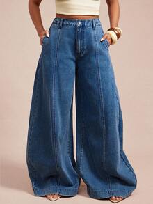 Vixey High Waist Seam Detail Extra Wide Barrel Leg Jeans - Medium Wash - View 1