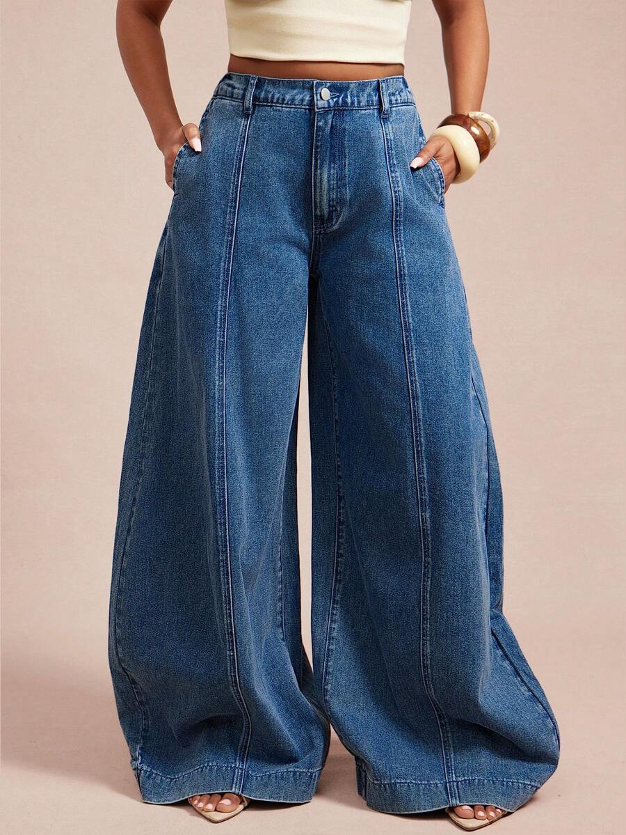Vixey High Waist Seam Detail Extra Wide Barrel Leg Jeans - Medium Wash - View 1