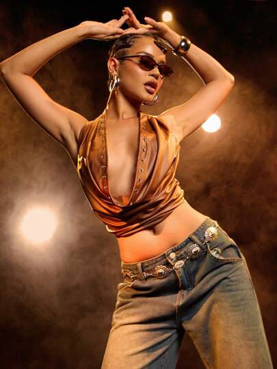 Hauture Festival Coated Draped Low Cowl Neck Grommet Open Back Halter Top