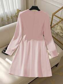 GlowEve Women's Elegant Long Sleeve Dress With Bow Decor - Baby Pink - View 2