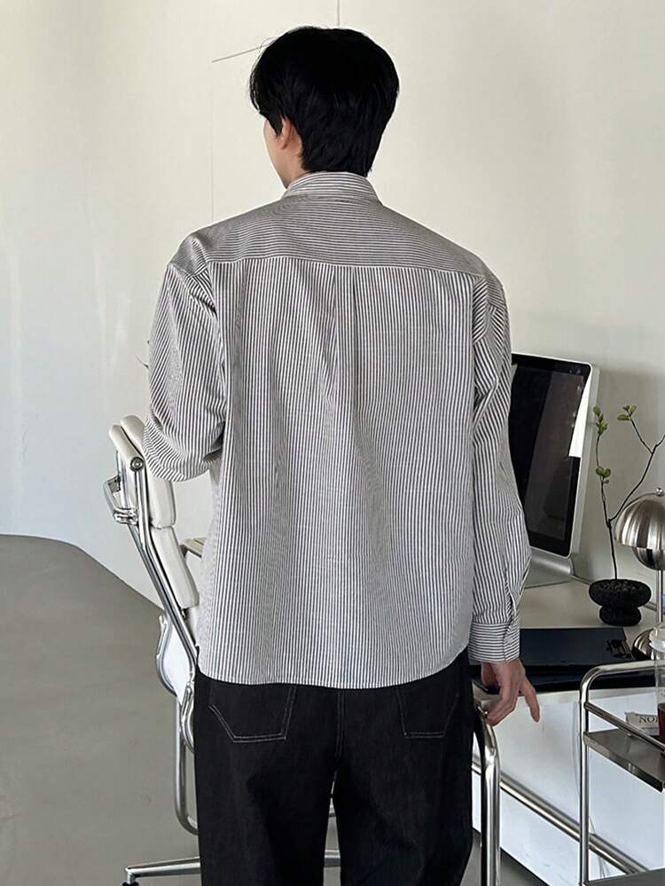 Multi-Color Striped Pocket Design Long Sleeve Shirt For Men, Spring