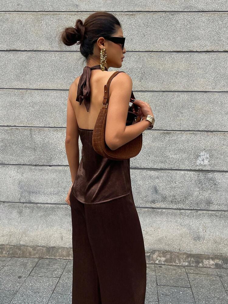 Women's Summer Halter Top And Solid Color Casual Pants 2 Pieces Set