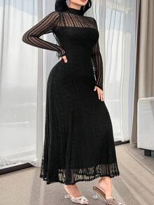 Feyla Vestido de encaje de unicolor elegante para talla grande para ir al trabajo - Negro - Ver 5