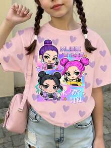 1pc Cute Kpop Girl Print Loose Fit Pink Short Sleeve Top, Suitable For Tween Girls, Versatile For Spring, Summer, Autumn, Winter, Great Gift For Girls - Pink - View 3