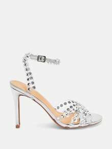 Glitzique Women Rhinestone Decor Stiletto Heeled Ankle Strap Sandals, Party Glamorous Silver Solid Outdoor PVC Heeled Sandals Valentines - Silver - View 6