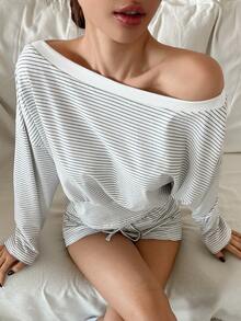 DAZY Casual Striped Asymmetrical Shoulder Women Pajama Set - White - View 5