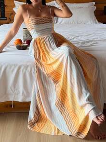 DAZY Summer Vacation Wave Striped Spaghetti Strap Camisole Waist Maxi Nightgown For Women - Khaki - View 6