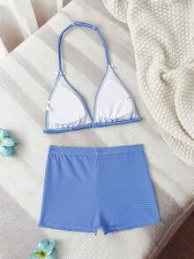 少女可爱蓝白格子针织露背比基尼套装，蝴蝶结装饰，两件式泳衣，时尚优雅，适合游泳、海滩、泳池、夏季度假 - 藍色 - 查看 2