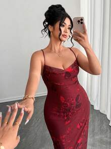 Elenzga 印花高弹数码印花吊带长裙，情人节礼服，约会礼服，派对礼服，性感晚礼服，优雅下午茶礼服 - 紅色 - 查看 6