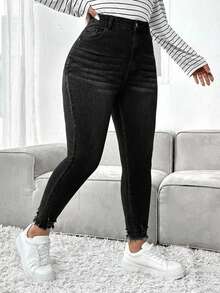 SHEIN ICON Quần jean skinny dáng rộng thoải mái dành cho nữ cỡ lớn - màu đen - Xem 6