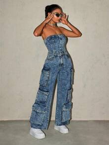 SHEIN ICON Women's Fashionable Strapless Denim Jumpsuit For Summer - Blue - View 4
