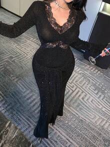 DAZY Lace Cinched Waist Midi Dress For Women - Black - View 8