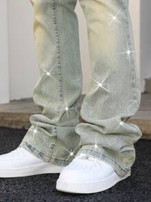 Manfinity EMRG Men's Retro Washed Star Rhinestone Horseshoe Embellished Flared Leg Jeans, Streetwear - Light Wash - View 6