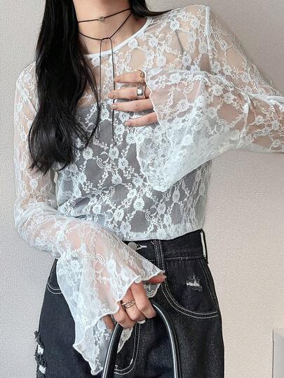 FRIFUL 女士圆领蕾丝面料修身喇叭袖纯色休闲T恤