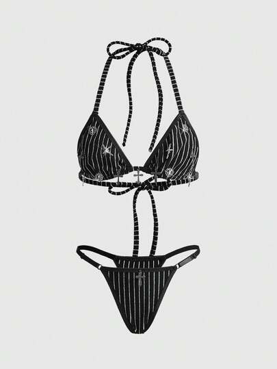 ROMWE Gothic Striped Triangle Bra And Thong Lingerie Set With Tie-Up Details, Sexy