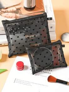 Túi đựng mỹ phẩm lưới in hình trái tim - Túi đựng mỹ phẩm phong cách Bohemian có khóa kéo, tiện dụng khi đi du lịch, đựng son môi, cọ trang điểm và điện thoại, quà tặng lý tưởng cho các dịp lễ. - màu đen - Xem 7