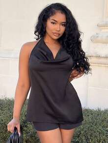 Alexandranx 女式简约通勤垂坠领别致圆领紧身背心 - 黑色 - 查看 3