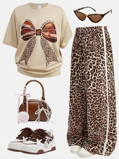 Girlism Conjunto de camiseta y pantalones anchos de estampado de leopardo para niñas preadolescentes, adecuado para uso diario, escuela y salir a cenar