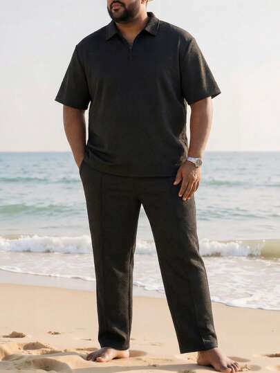 ResortEase 大码男士纯色短袖 Polo 衫和裤子休闲西装