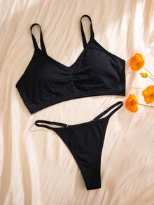 NudeFit 2pcs/Set Plus Size Women Seamless Jacquard Wireless Bra And Thong Panty Set, Casual Minimalist - Black - View 1