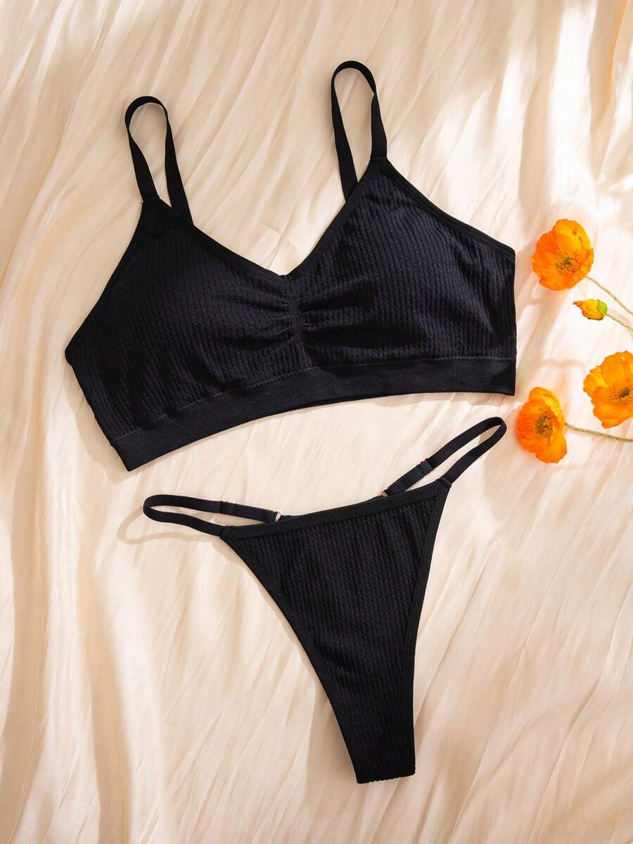 NudeFit 2pcs/Set Plus Size Women Seamless Jacquard Wireless Bra And Thong Panty Set, Casual Minimalist - Black - View 1