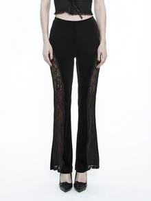 Glisette Women's Fashionable Sexy Black Velvet And Lace Patchwork Pants - Black - View 6