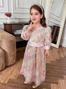 DAZY Young Girls V-Neck Puff Sleeve Cute Dress, Fall Outfit - Multicolor - View 4