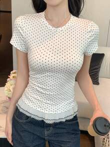 DAZY Áo thun nữ cổ tròn chấm bi tay ngắn phối bèo nhún tương phản, kiểu dáng thường ngày, thích hợp cho mùa hè. - trắng - Xem 1