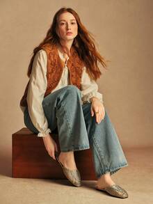 Rosivie Mocasines planos de punta cuadrada con diseño tejido y sin cordones para mujer - Dorado - Ver 7