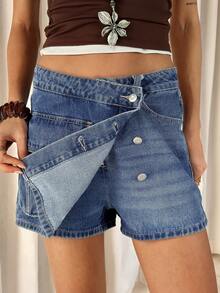 TRNVIE Damen asymmetrischer Bund Einreiher Lässig Jeans-Skort - Blau - Übersicht 5