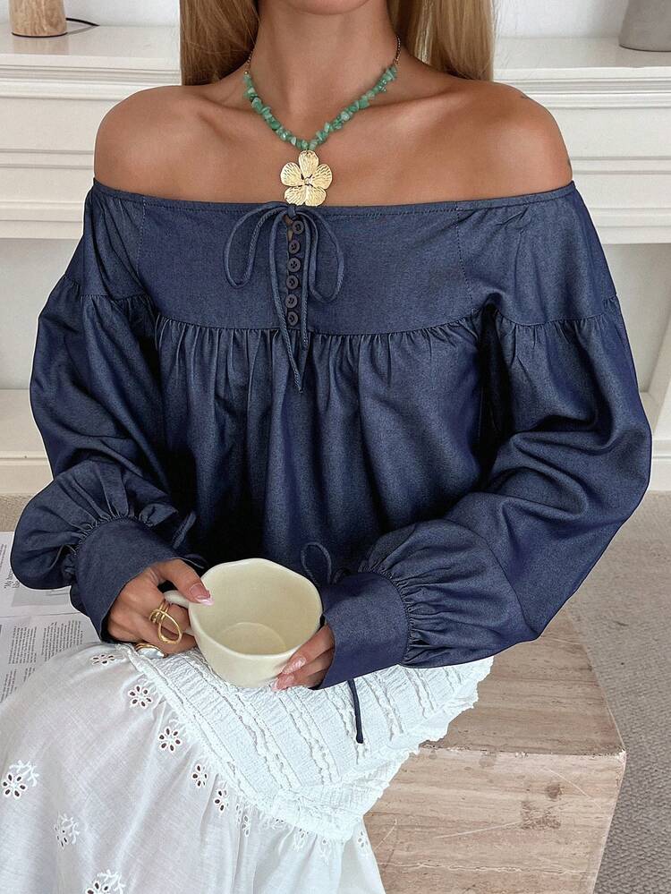 Women's Off Shoulder Long Sleeve Solid Color Blouse, Suitable For Spring And Summer