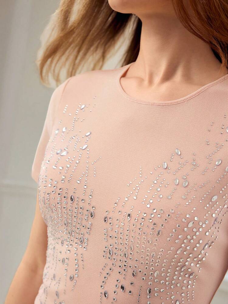 WOMEN'S RHINESTONE SLIM FIT SHORT SLEEVE T-SHIRT