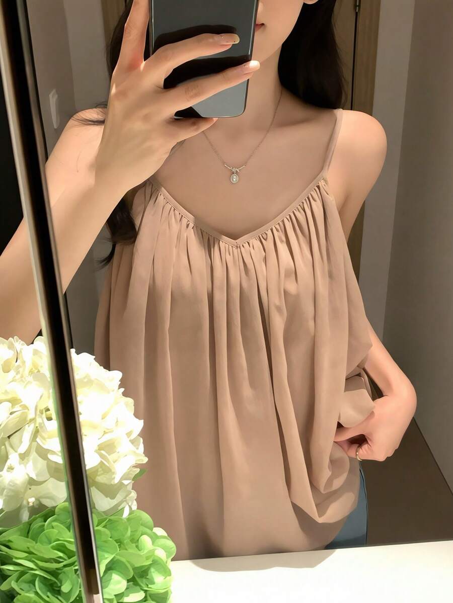 DAZY Women's Loose Chiffon Asymmetrical Hem Casual Summer Camisole Top - Apricot - View 1