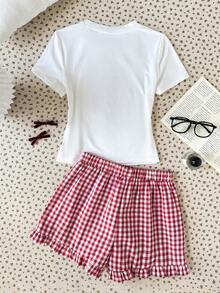少女休闲可爱草莓印花圆领紧身T恤和红白格子短裤套装 - 粉色 - 查看 2