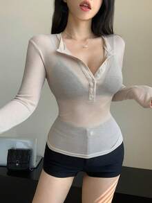 DAZY Damen Lässig vielseitiges einfarbiges Langarm T-Shirt mit halber Knopfleiste - Khaki - Übersicht 8